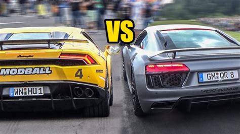 Audi R8 V10 Plus Vs Lamborghini Huracan Sound Battle Youtube