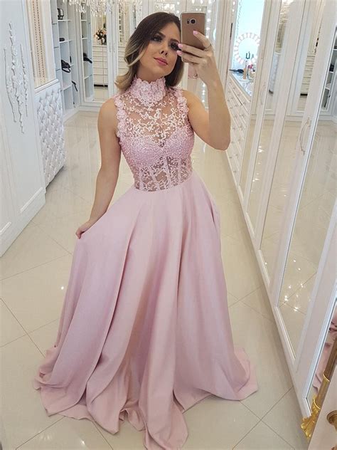 Pink High Neck Lace Beaing Satin Long Prom Dresses 2019 Lace Pink For