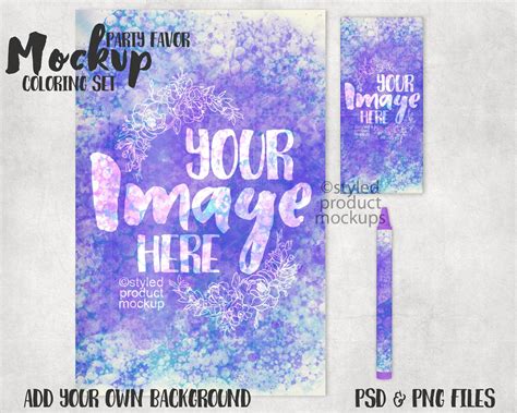 Coloring book, crayon box and crayon label mockup | Add your own image and background | Coloring ...