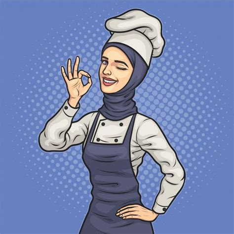 Homemade halal logo collection with a cute muslim female chef wearing a hijab and holding dessert box, cake, kitchen tools and saying thank you. Muslim Female Chef In Hijab di 2020 (Dengan gambar)