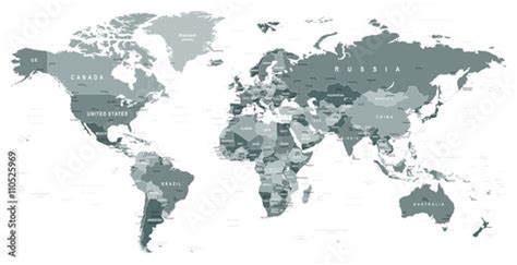 Grayscale World Map Borders Countries And Cities Illustration