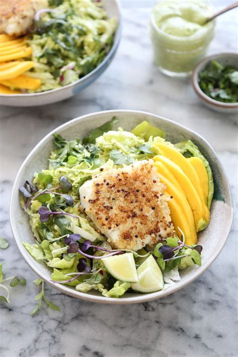 These gluten free beer battered fish tacos are reminiscent of. Healthy Fish Taco Bowls with Avocado Slaw and Mango ...