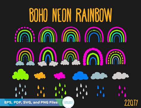 22 Neon Boho Rainbow Clip Art Rain Clouds Bright Colors Set Design