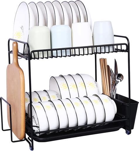 Airujia Dish Rack 2 Tier Dish Drainers With Drip Tray Utensil Holder