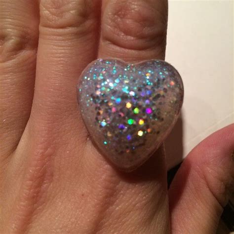 Holographic Glitter Heart Shaped Ring By Garbageofthegalaxy
