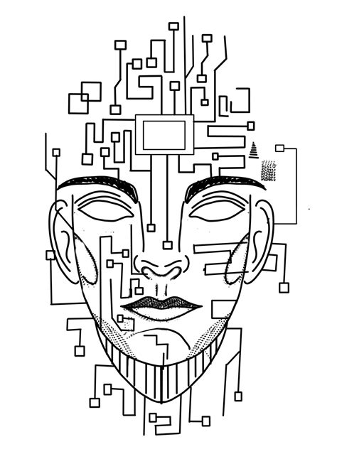 A Black And White Drawing Of A Mans Face With Circuit Boards All Over It