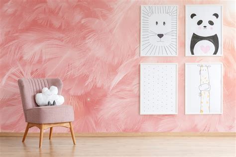 Pink Wallpaper With Feathers Wallpaper For Kids Nursery Wall Etsy