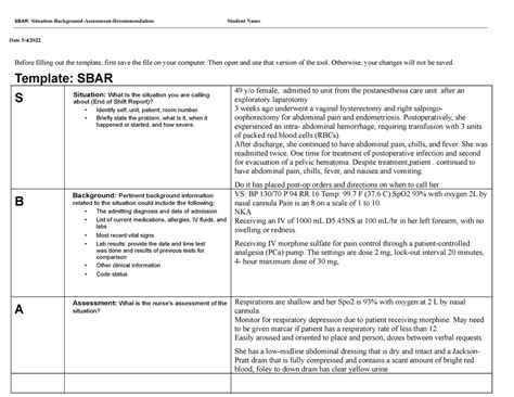 SBAR Form SBAR Report SBAR Situation Background Assessment Recommendation Student Name