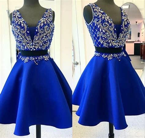 Two Pieces Unique Crystal Beaded Royal Blue Stain Short Homecoming
