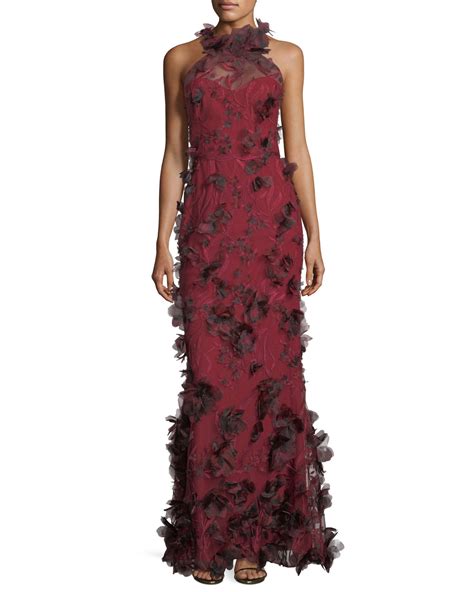 Marchesa Notte 3d Floral Sleeveless Halter Evening Gown Neiman Marcus