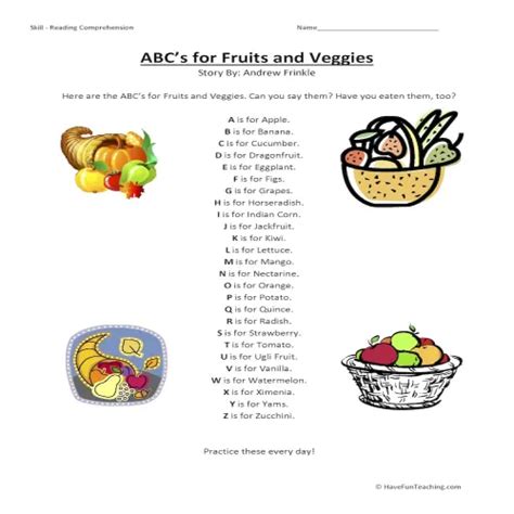 Abcs For Fruits And Veggies Reading Comprehension Worksheet By Teach Simple