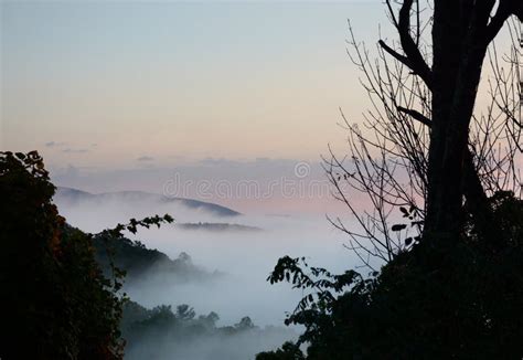 Beautiful Foggy Mountain Scenery At Sunrise Stock Image Image Of