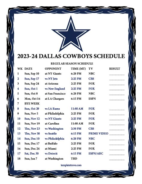 Printable 2023 2024 Dallas Cowboys Schedule