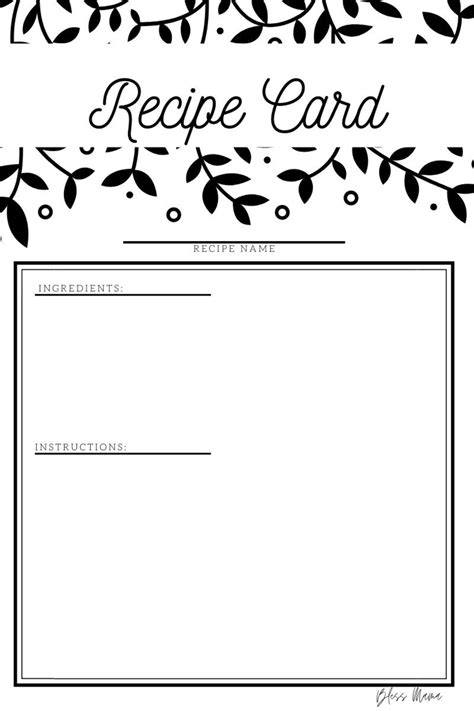 Recipe Card Template Printable Recipe Card Black And White Etsy
