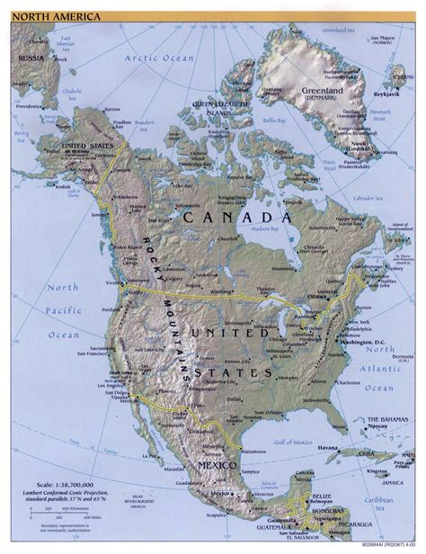 Large Political Map Of North America With Relief And Cities 2000
