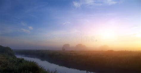 Wonderful Dramatic Scene Fantastic Foggy Sunrise Over The Meadow With