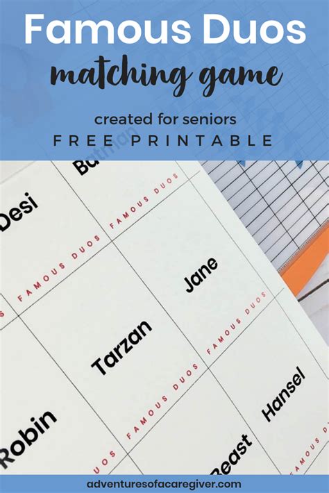 Word games for seniors, such as hangman and boggle, can be played in large groups or small groups. Famous Duos Free Printable - Alzheimer's and Dementia ...