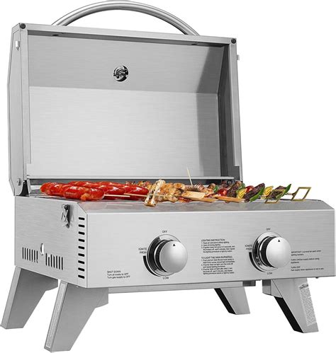 Tabletop Stainless Steel 2 Burner Gas Grill Portable 20000 Btu Bbq Grid