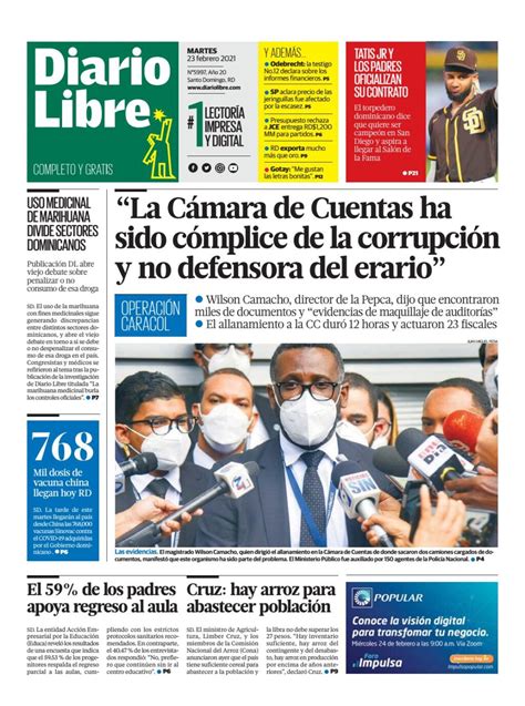 Portada Periódico Diario Libre Martes 23 De Febrero 2021 Dominicanado