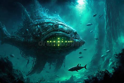 Deep Sea Aquatic Sci Fi Landscape Scenery With Submarines And Creatures