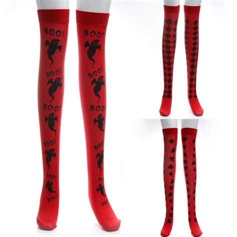 womens halloween cosplay socks ghost diamond knee high long boot socks party trendy patterned
