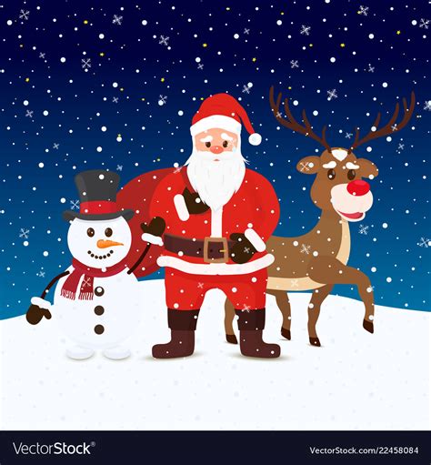 Cartoon Santa Claus Snowman And Reindeers Vector Image