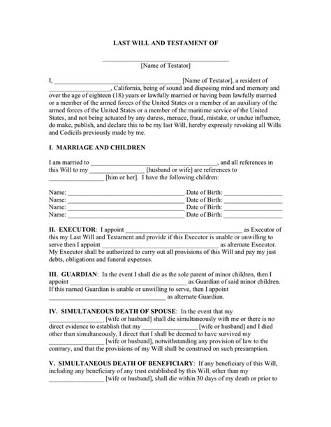 Last Will And Testament Form Download Free Documents For Pdf Word