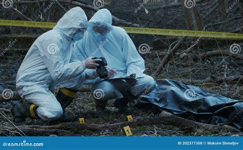Forensic Team Searh And Evidence Marker In Crime Scene Training Stock Image