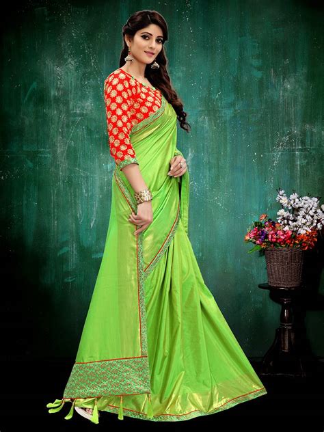 Parrot Green Plain Silk Saree With Blouse Monjolika 2281600