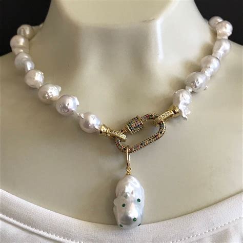 Baroque Pearl Necklace Embedded Baroque With Cz Emerald Etsy Pearl