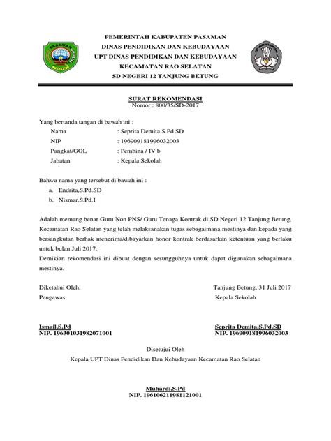 Surat Rekomendasi Kepala Sekolah Untuk Guru Kontrak - Bagi Contoh Surat
