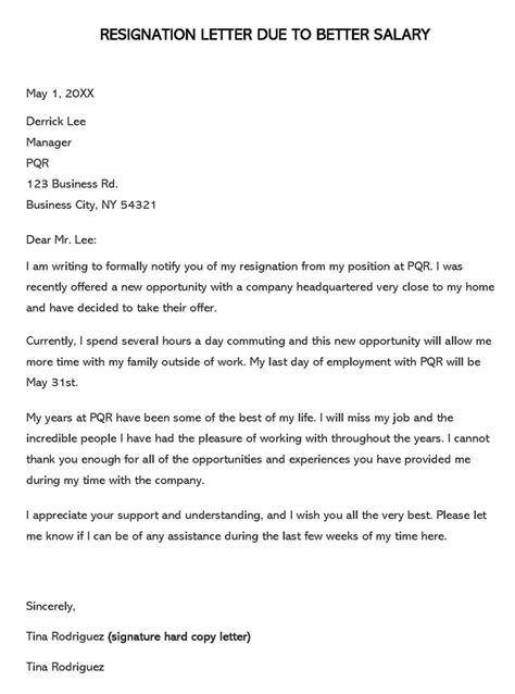 Sample Resignation Letter Due To Better Salary And Benefits