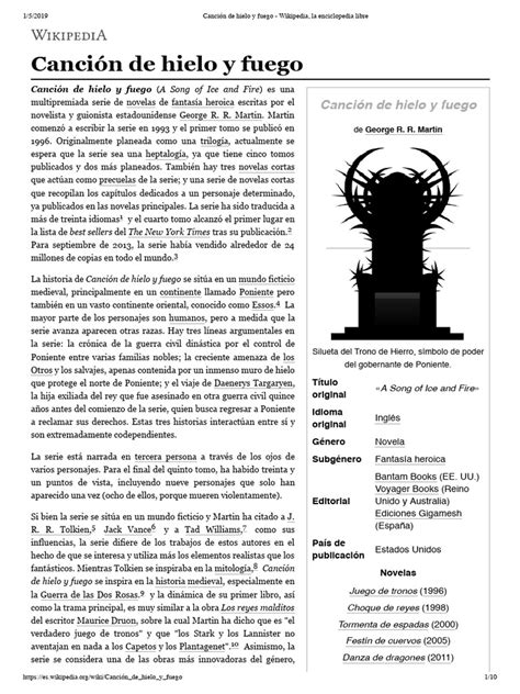 Canción De Hielo Y Fuego Wikipedia La Enciclopedia Libre Pdf