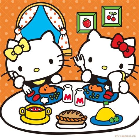 Two Hello Kitty Sitting At A Table With Food
