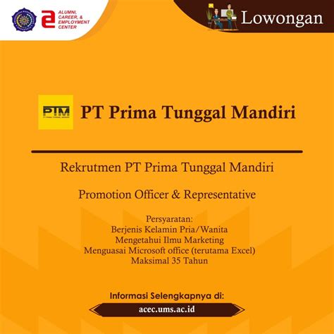 Lowongan kerja pt bank tabungan negara (persero) tbk customer service staff (cs) 28/04/2021undefinedbaca selengkapnya. Lowongan Kerja PT Prima Tunggal Mandiri - ACEC UMS