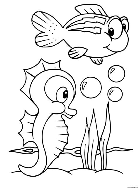 Coloriage Hippocampe Et Poisson Sous La Mer