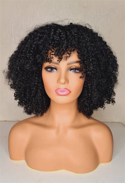 synthetic afro kinky curly wig with bang fringe in black made etsy