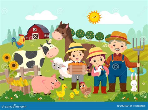 Cartoon Of Happy Farmer And Kids With Farm Animals On The Farm Stock
