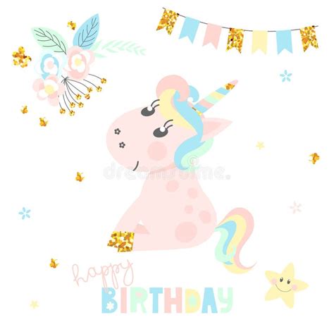 Cute Unicorn Greeting Card Stock Vector Illustration Of Happy 116175093