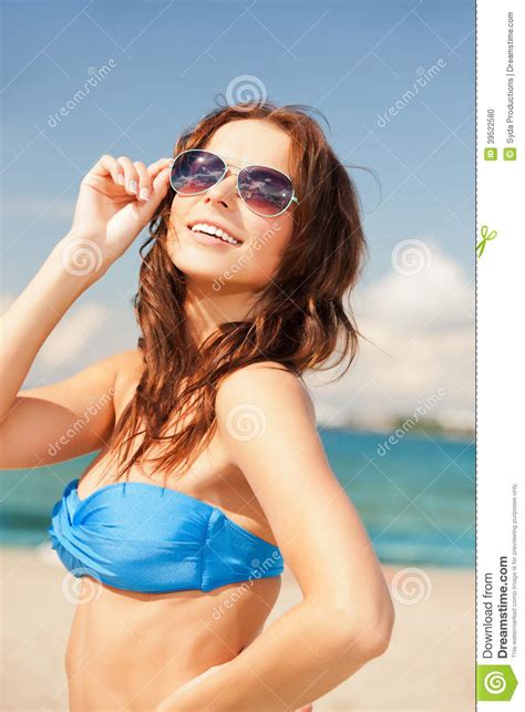 Happy Woman In Sunglasses On The Beach Stock Photo Image Of Leisure