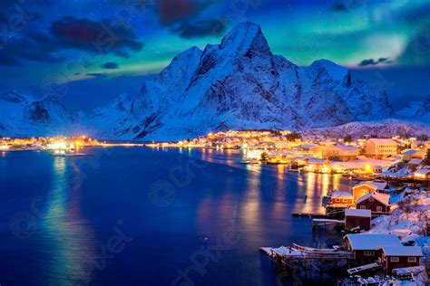 Reine Village At Night Lofoten Islands Norway Stock Photo Crushpixel