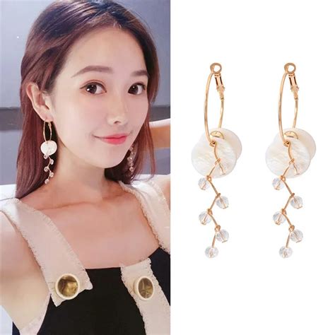 Korean Fashion White Round Shell Crystal Tassel Drop Earrings Geometric