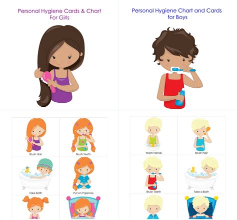 Personal Hygiene and Bedtime Routine Chart and Cards for Girls and Boys