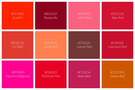 134 Shades Of Red Names Hex Rgb Cmyk Codes Home Design