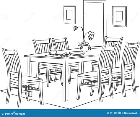 Dining Room Sketch And Outline Vector Illustration Stock Illustration