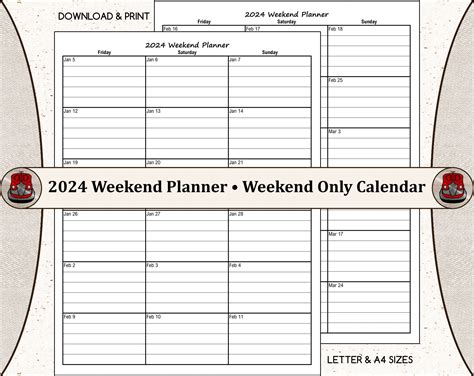 2024 Weekend Planner Weekend Only Calendar US Letter and A4 Sizes