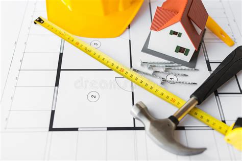Close Up Of House Blueprint With Building Tools Stock Photo Image Of