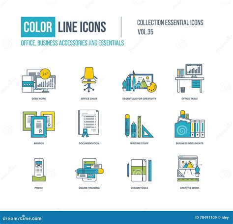Color Line Icons Collection Office Business Accessories Stock Vector