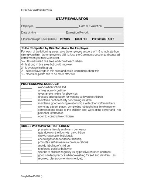 Child Care Employee Evaluation Form Templates At