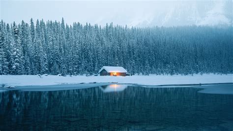Free Download Hd Wallpaper 1920x1080 Px Cabin House Ice Lake Snow